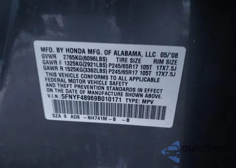 2009 Honda Pilot Touring from USA, damaged, VIN 5FNYF48969B010171